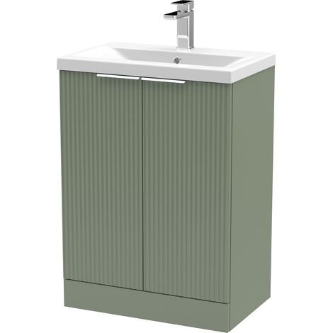 Fluted Front Floor Standing 2 Soft Close Door Bathroom Vanity Unit with 1 Tap Hole Ceramic Mid-Edge Basin, 600mm, Satin green