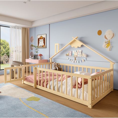 Cama tipo cabaña infantil 90x190 cm para dormitorio con barandilla de seguridad y cerradura, estructura de pino y MDF natural (1/5)