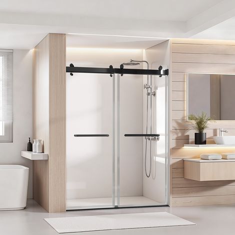 Porte de Douche Coulissante 121,9 x 193 cm, Paroi de Douche en Verre Trempé Transparent de 10 mm d'Épaisseur, pour Salle de Bain, sans Cadre, avec Rail, Joint d'Étanchéité et Quincaillerie (1/5)