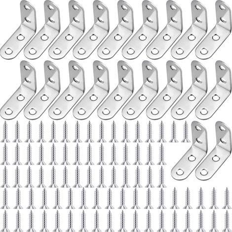 Angle Bracket - 40 X 40 Mm - Stainless Steel - 90 Degree L Corner Connector - For Furniture Assembly - Pack Of 20 With 80 Screws (1/5)