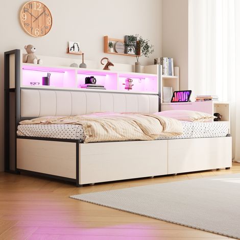 MEUBLIV Lit 90x200 cm blanc – bureau coulissant, LED et rangement, sans matelas (1/5)