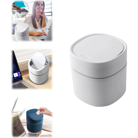 Mini poubelle de bureau à ouverture par pression et couvercle rabattable pour comptoirs et bureaux (blanche) (1/5)