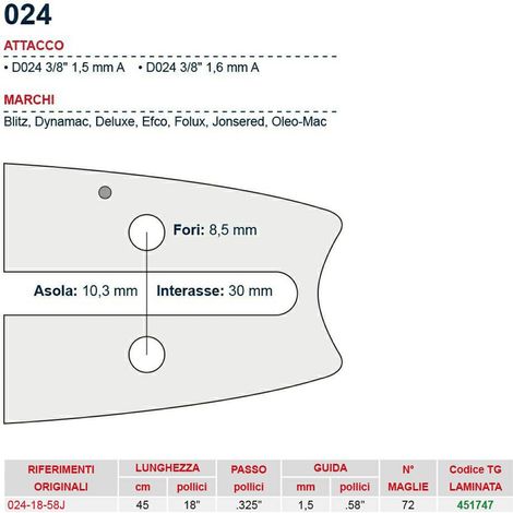 Barra motosega 45 cm - 18" passo .325" Spessore 1.5 mm - .058" attacco 024 - 451747