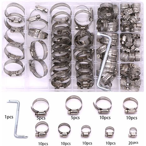 SABIR Collier de serrage américain en acier inoxydable, boîte de 90 pièces, collier de serrage pour tuyau d'eau, jeu de cartes de gorge avec tournevis (1/5)