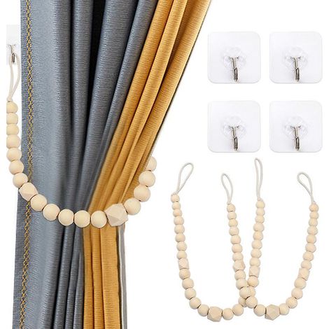lot De 2 Embrasses De Rideaux En Perles De Bois Avec Crochets Pour Dcoration Murale De Maison Ou De Vacances + 4 Crochets (couleur Bois,2) (1/4)