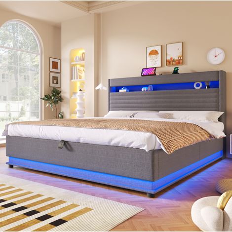 Lit coffre 180x200 cm - Avec tête de lit avec LED, USB et Type C - En lin - Gris - Sans matelas (1/5)