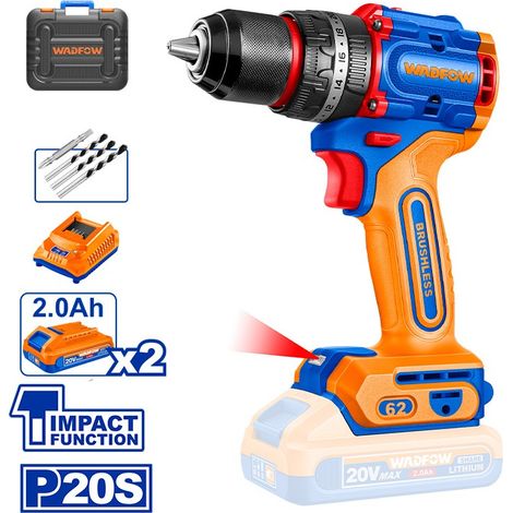 Taladro Percutador A Batería 62Nm WADFOW, 2 Baterias 2Ah, Motor Sin Escobillas, 2 Velocidades