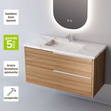 Meuble de salle de bain plan vasque Grès Cérame Blanc Storm, 2 Tiroirs,l100xh54xp45, Chêne Naturel Poigné Inox, BAMBOO (1/3)