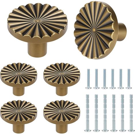 Lot de 6 boutons d'armoire ronds dorés vintage en alliage de zinc avec une vis pour armoire, commode, salle de bain, cuisine, chambre à coucher, robuste et durable