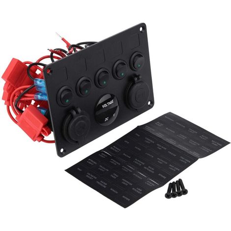 Rocker switch, 12-24V, 5 positions, on/off, dual USB voltmeter, for car, boat, truck (green light) (1/5)