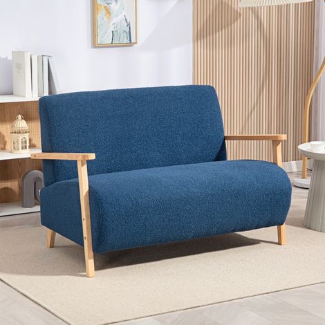 Sofá de 2 Plazas Tapizado en Borreguito 118 cm con Acolchado Grueso Reposabrazos y Patas de Madera Azul Oscuro (1/5)