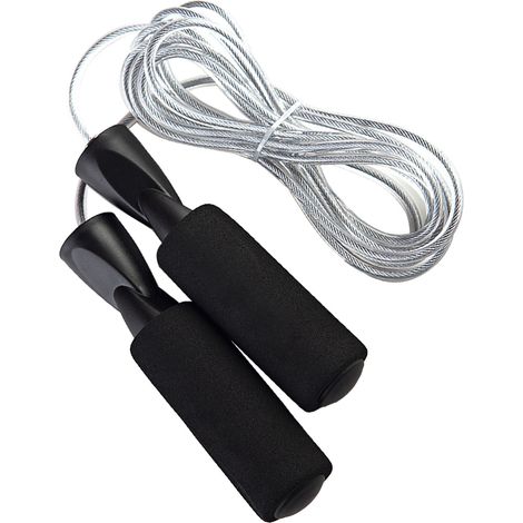 Corde à sauter blanche avec poignée en mousse antidérapante et longueur ajustable, idéale pour l'entraînement en extérieur. Fil d'acier. (1/5)