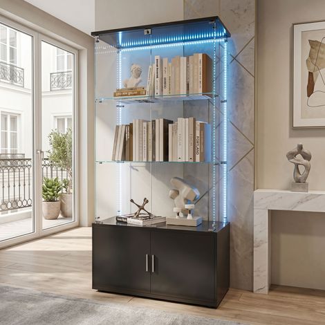 Vetrina in vetro, vetrina trasparente per collezioni con illuminazione a LED e vano portaoggetti nascosto - 4 ripiani - Nero (1/4)