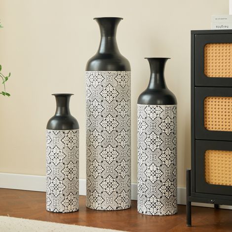 3-teiliges Vasen Set (24.5x24.5x69.5 cm), ineinander stapelbar, für Trockenblumen, Metall, Schwarz Weiß (1/5)