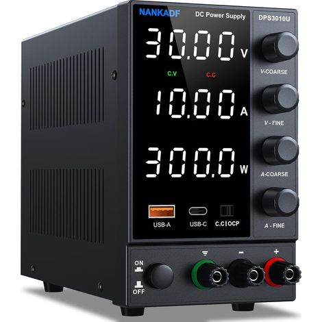 Alimentation de Laboratoire réglable 30 V 10 A, Alimentation CC réglable avec Ports USB-A/Type-C à Charge Rapide, équipée d'un écran à 4 LED et d'un Bouton Rotatif avec encodeur (1/5)