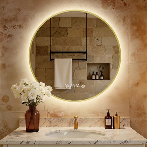 S'Afielina – Miroir lumineux de salle de bain rond 80 cm – Éclairage LED blanc neutre – Interrupteur tactile – Fonction anti-buée – IP44 cadre doré