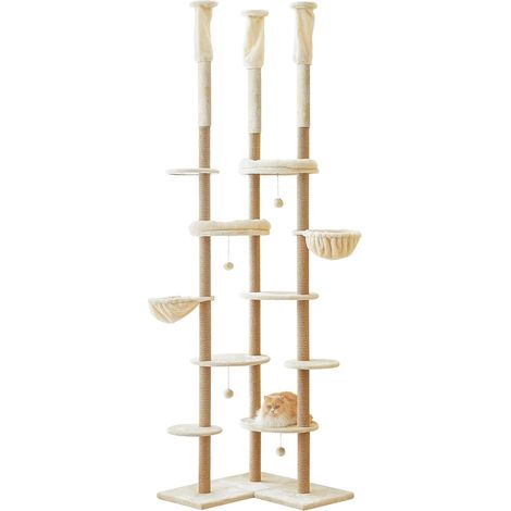 Arbre à Chat du Sol au Plafond, Grande Tour pour Chats à Hauteur réglable (223-290 cm), Tour d'escalade 6 Niveaux avec 18 griffoirs entièrement en sisal, 6 Plateformes et 2 hamacs, Beige (1/5)