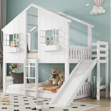 Letto a castello bambini 90x200 cm con scivolo, tetto e finestra, struttura a casetta, bianco (1/5)