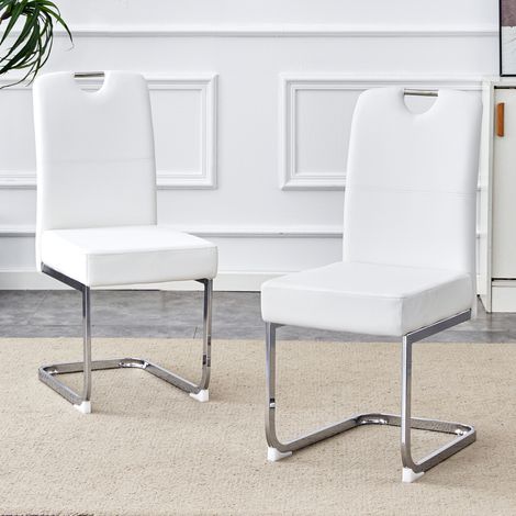 Esszimmerstühle 2er Set Weiß, Schwingstuhl weiß gepolstert mit ergonomischer Rückenlehne, Freischwinger Esszimmer modern, 52x41x97 cm