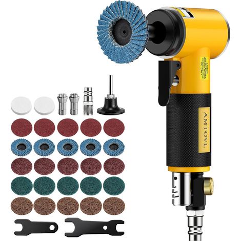 Meuleuse d’Angle Pneumatique 20 000 tr/min 90PSI avec 27 Disques à Changement Rapide Meuleuse à Air Comprimé avec Deux Pinces et Bouton de Vitesse pour Polissage Lissage des Bords Ébavurage (1/5)