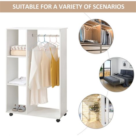 Rolling Wardrobe with Aluminium Rail and Open Shelves,Mobile Design for Bedrooms and Guest Rooms,15kg Capacity,Easy Assembly