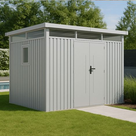 Trigano – Abri de jardin métal 7.45m² en aluminium blanc – Toit plat – Structure renforcée – Gouttières pour récupération d'eau