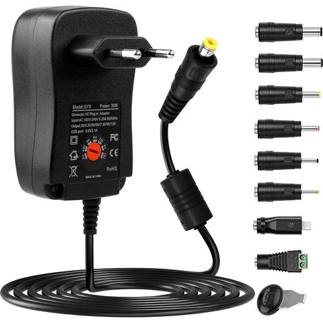 30W Adaptateur Secteur Universel AC DC 12V 9V 7.5V 6V 5V 4.5V 3V 2A Transformateur d'alimentation avec 8 Embouts Sélectionnables pour Bandes LED Routeur TV Box Electronics Ménages (1/5)