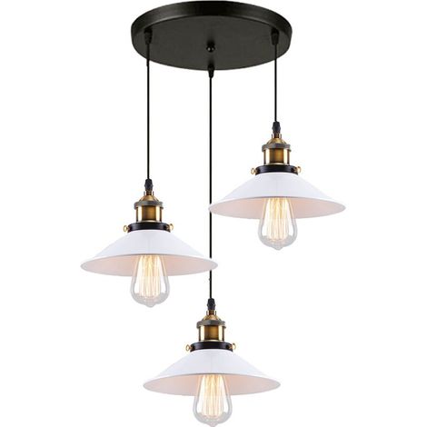 Suspension industrielle 3 têtes en métal fer abat-jour vintage E27 blanc support noir Ø22cm câble réglable pour cuisine salle à manger (1/5)
