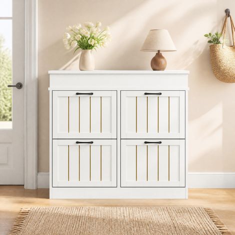 Zapatero moderno de MDF blanco 105 x 24 x 83 cm con 4 puertas abatibles y 8 compartimentos (1/5)
