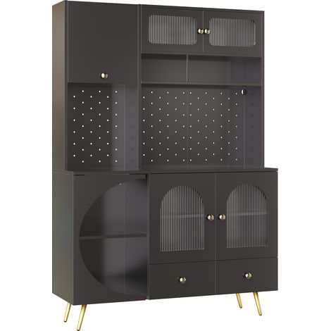 Hoher schwarzer Küchenschrank mit LED, USB-Anschlüssen und Glasböden, 120 x 40 x 176 cm (1/5)