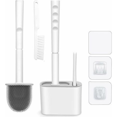 Brosse de Toilette en Silicone et Brosse de oyage, Brosses WC avec Long Manche,Brosse Toilettes WC avec Sort Mural pour Salle de Bains ou WC (1/5)