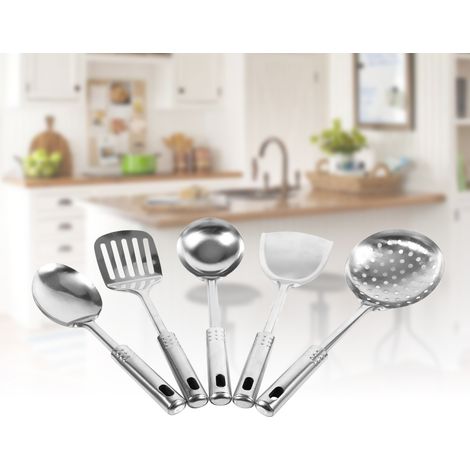 Set aus 5 multifunktionalen Küchenutensilien aus Edelstahl: Löffel, Schöpfkelle, Pfannenwender. (1/5)