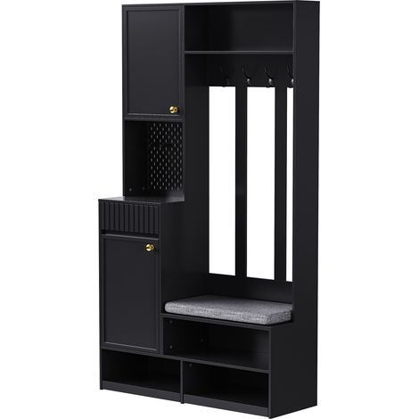 Meubles d'entrée mit Gepolsterter Sitzbank, 4 Haken, Türen und 2 Rollschubladen, aus MDF, Schwarz, 100×35×180 cm