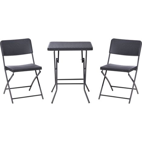 Conjunto de balcón mesa y 2 sillas asiento y respaldo de material sintético patas de acero plegable resistente a la intemperie negro Trappeto