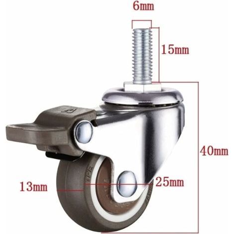 Jeu de 4 petites roulettes pour meubles - 25 mm - Caoutchouc souple TPE - Filetage M6 x 15 mm (2 parties avec frein) (25 mm) (1/4)