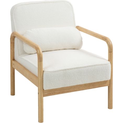 Fauteuil de salon / Chaise de détente avec accoudoirs et pieds en bois – Assise large et épaisse – Fauteuil de lecture relaxant avec coussin décoratif – Revêtement effet bouclé – Fauteuil d'appoint po