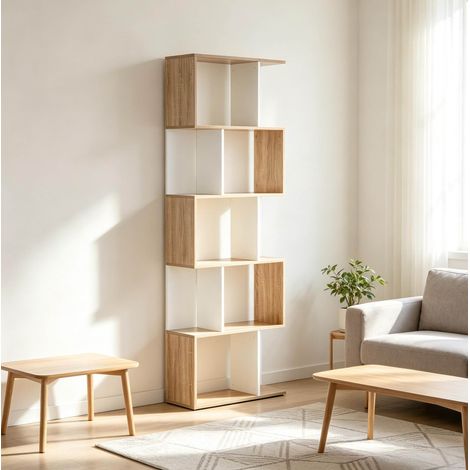Libreria a S 60x24x184,5 cm in pannello truciolare, rovere e bianco salvaspazio – MEUBLIV (1/5)
