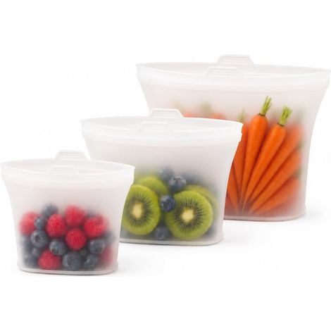 Sacs de conservation alimentaire réutilisables en silicone, lot de 3 (500/1000/1500 ml), pour la préparation des repas et des collations (transparents) (1/4)