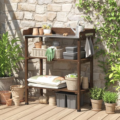Carbonisés 76x37x89 cm - Table de jardin en bois doté de étagères métalliques et crochets pour terrasse de jardin