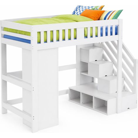 Lit mezzanine 140x200 cm avec escalier de rangement, bureau avec prise Euro, armoire, banc de rangement et LED multicolore blanc CHICFURN (1/5)