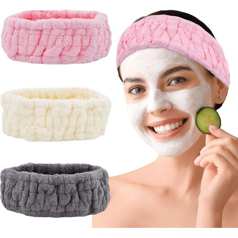 Lot de 3 bandeaux de spa, bandeaux en éponge doux pour le lavage du visage, les masques faciaux, le maquillage, la douche et le yoga, cadeau pour et adolescentes (gris + blanc + rose) (1/5)