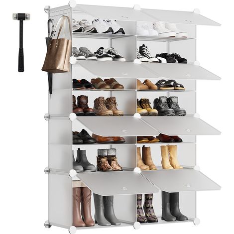 Rangement à Chaussures 8 Cases en PP - Auto-Montage avec Marteau - Grand Rangement pour Famille (84x31x122cm) - Blanc, Capacité 32 Paires (1/5)