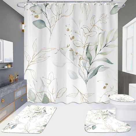 Rideau de douche à motif d'eucalyptus vert sauge, rideau de douche à motif de feuilles printanières, en matière imperméable, rideau de douche aquarelle vert et or avec crochets, 180 x 180 cm (1/5)