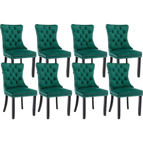 Lot de 8 chaises de salle à manger en velours vert, capitonnées, pieds bois massif (1/5)
