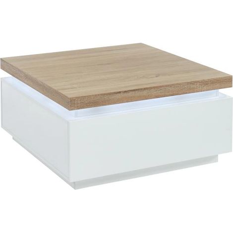 Vente-Unique – Table basse fixe 90x90 cm – MDF laqué blanc avec plateau effet chêne – 2 tiroirs coulissants – Charge 30 kg (1/5)