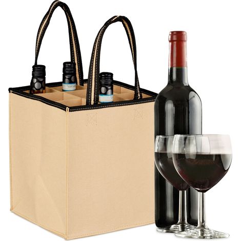 Relaxdays Sac à récipients, 9 bouteilles, Porte-boissons, pour vin, bière, consignes, collecteur, 45x24x24 cm, beige (1/5)
