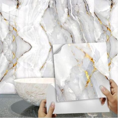 Credence Adhesive pour Cuisine 30X30 Marbre Doré Stickers Cuisine Stickers Muraux Cuisine Carrelage Adhesif Mural Stickers Salle de Bain Dalle Pvc Adhesive Murale (10 Pièces) (1/4)