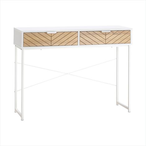 Console industrielle 2 tiroirs chêne sculpté blanc (1/5)