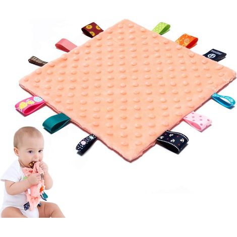 Couvertures de sécurité pour bébés avec étiquettes colorées - Couverture en peluche apaisante pour bébé avec étiquettes colorées, jouet sensoriel carré de 25 x 25 cm, pour bébés garçons et filles de 0 (1/5)
