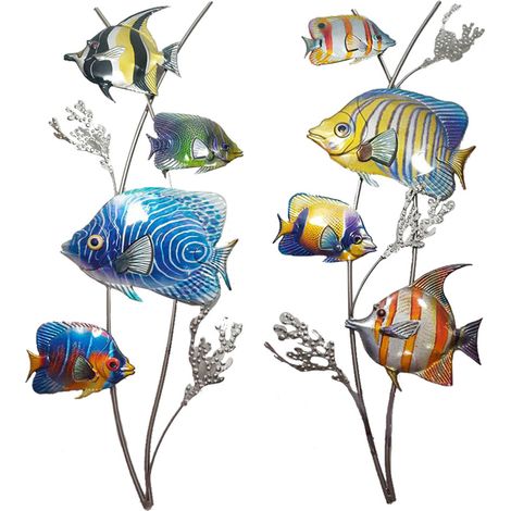 Lot de 2 tentures murales d'extérieur décoration de jardin design poissons tableaux en métal multicolores